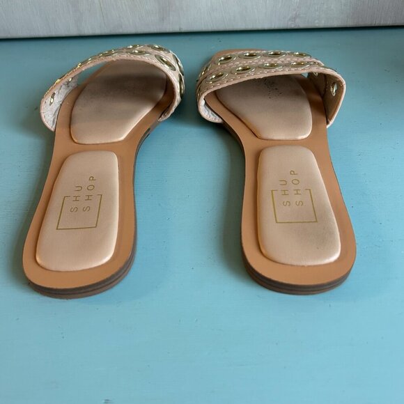 Shu Shop Codie Flat Slip On Sandal in Nude Size 7.5 Gold Eyelets Boho Chic - Picture 9 of 11